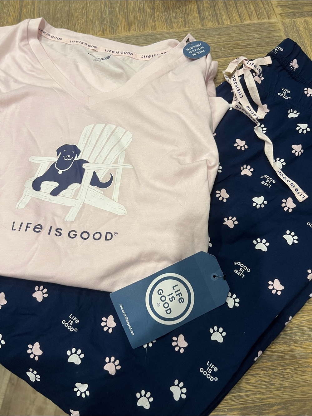 NWT Life Is Good Pink Top with Navy Paw-Print Pajama Pants